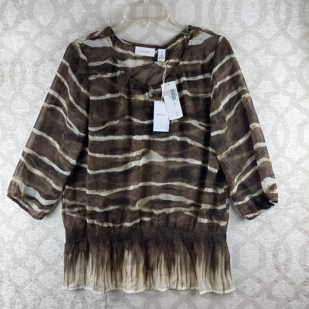 Chico's Zebra Ombre Sheera Top Women Size 1 Brown NWT 3/4 Sleeve Blouse